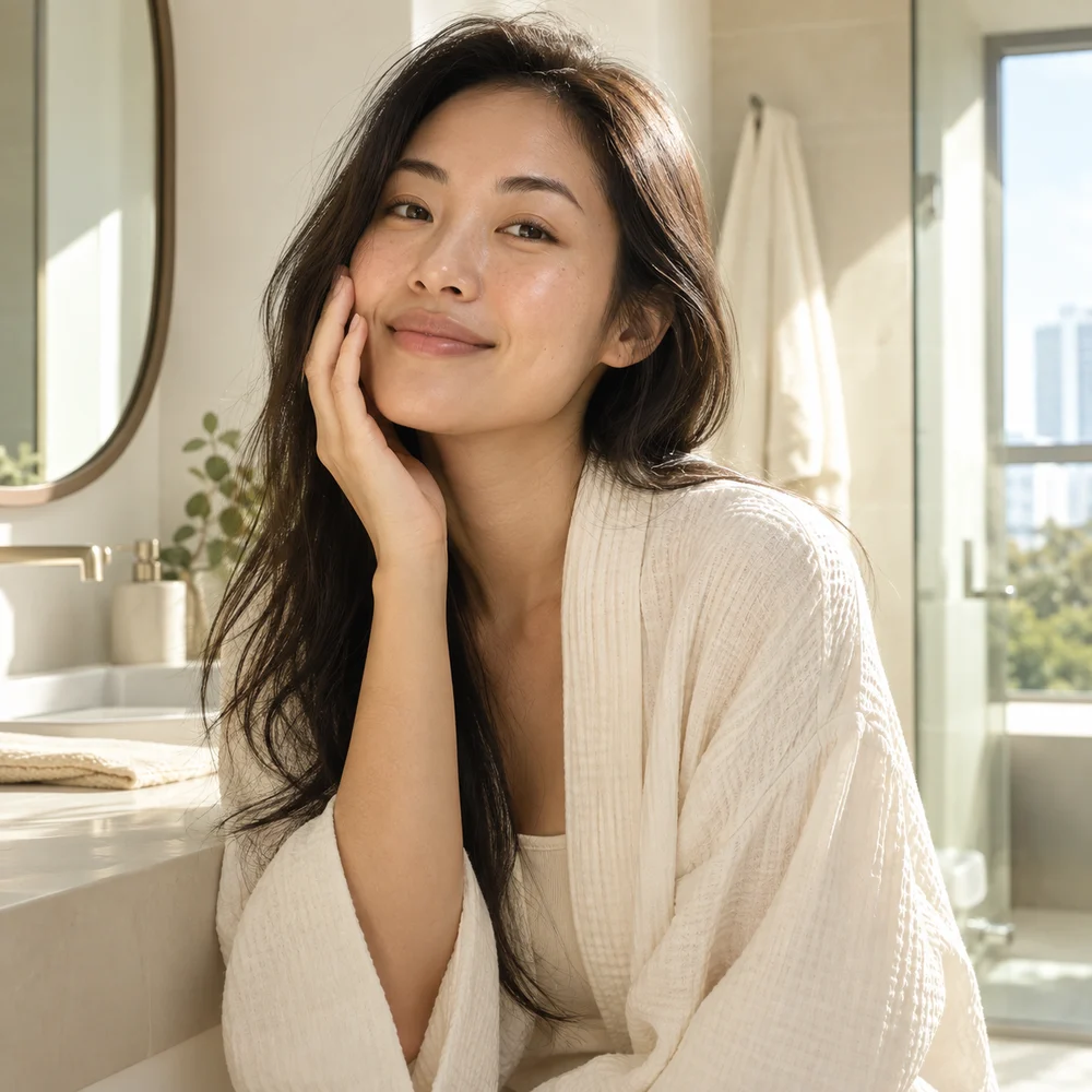 年轻女性享受轻松的日常肌肤养护时刻